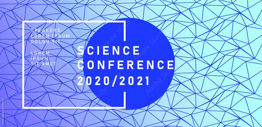 Poster Abstract geometric background with connected lines, low poly mesh. Poster template for Science and IT Technologies Business Conference.
