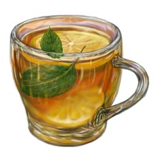 Glass of tea with lemon and mint. hot drink for Breakfast .illustration digital painting on isolated white background