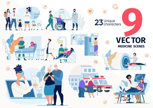 Medical Help, Hospital or Clinic Services for Families, Pregnant Women, Senior People Trendy Flat Vector Scenes, Concepts Set. Family Doctor Appointment, MRI and Ultrasonic Screening Illustrations