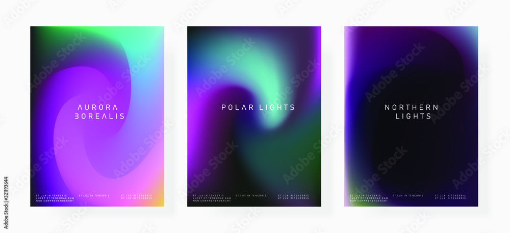 Poster set of posters with northern lights gradient. luminescence of aurora borealis.