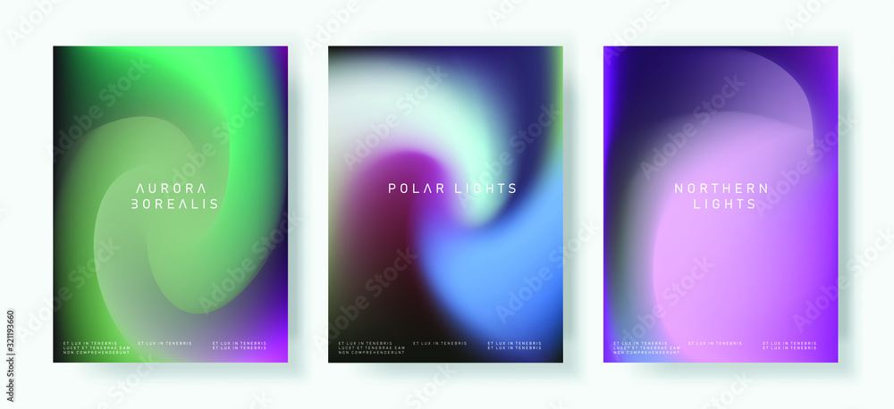 Poster set of posters with northern lights gradient. luminescence of aurora borealis.