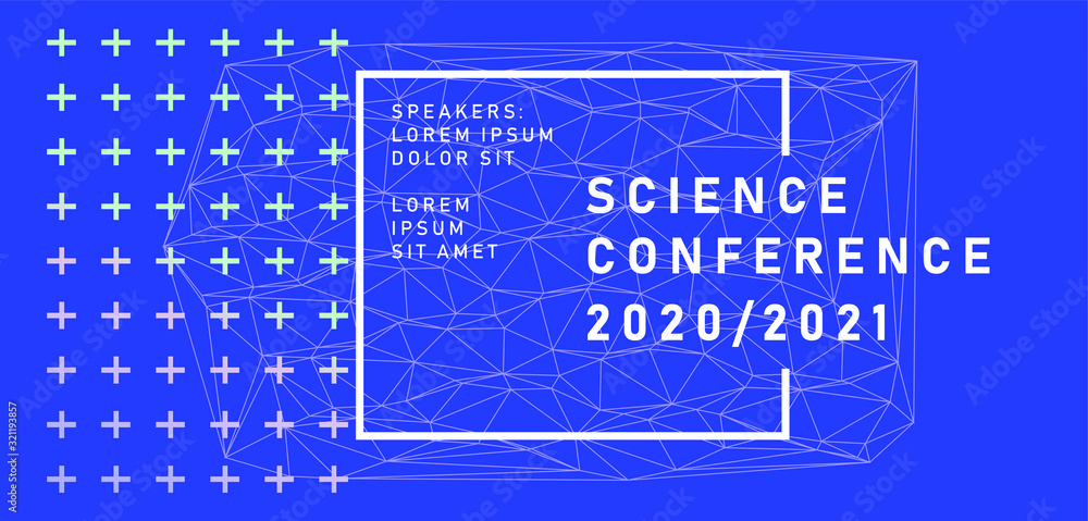 Poster Abstract geometric blue background with connected lines, low poly mesh. Poster template for Science and IT Technologies Business Conference.
