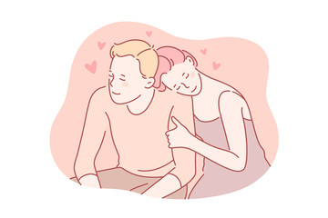 Couple in love hugging or embracing together concept. Young couple girlfriend hugs or embraces boyfriend in romantic calm atmosphere. Happy wife and loves her husband very much. Simple flat vector