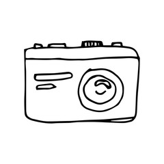 Simple vector drawing of a camera. Traced sketch of a vintage simple camera. Black outline drawing isolated on white.