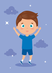 cheerful boy standing with his hands up vector illustration design