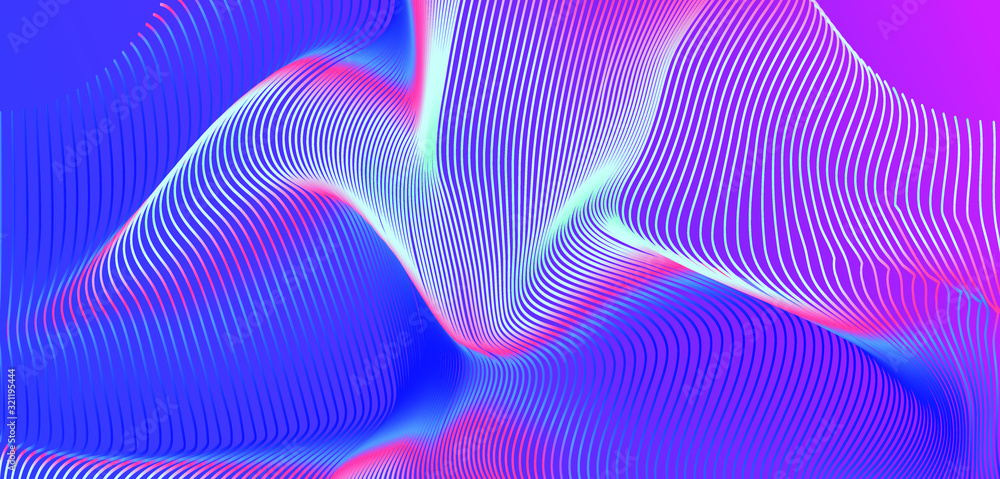 Poster holographic opalescent distorted and glitched mesh on blue background. futuristic vector illustratio