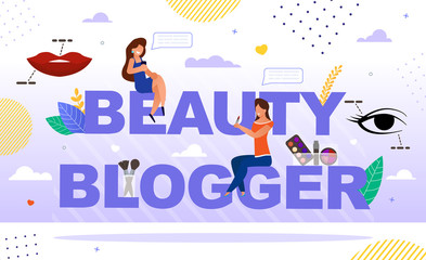 Naklejka premium Makeup, Fashion Cosmetics Trends Usage Blog Vlog Presentation Cover. Attractive Women Sit on Beauty Blogger Capital Letter. Online Channel Mobile App, Chat, Female Video Streamer. Cosmetology Tutorial