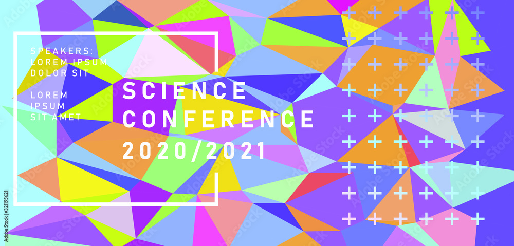 Poster Abstract background with rainbow colored polygonal mesh. Poster template for Science and IT Technologies Business Conference.