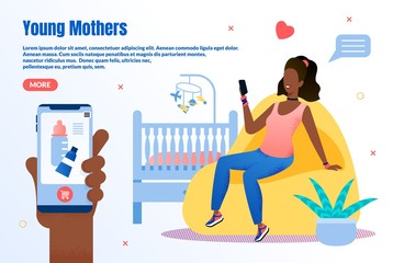 Online Store for Young Mothers Trendy Flat Vector Web Banner, Landing Page. African-American Woman, Mother with Cellphone, Searching, Purchasing Cosmetics Products, Accessories for Baby Illustration