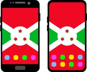 Two black smartphones with a home screen and wallpaper with the flag of Burundi: old model with gray buttons and new model without buttons. Vector graphics, illustration