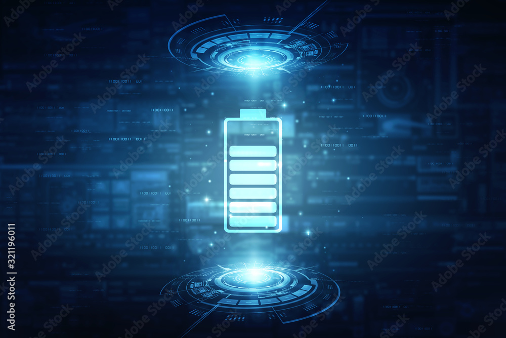 Poster 2d rendering electrical energy and power supply source concept, accumulator battery with charging le