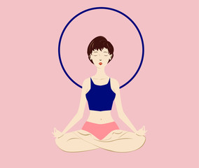 White young woman, sitting in the lotus pose. Healthy lifestyle and yoga concept. Flat cartoon vector illustration for meditation, recreation, Yoga Day. Isolated on pink background. 