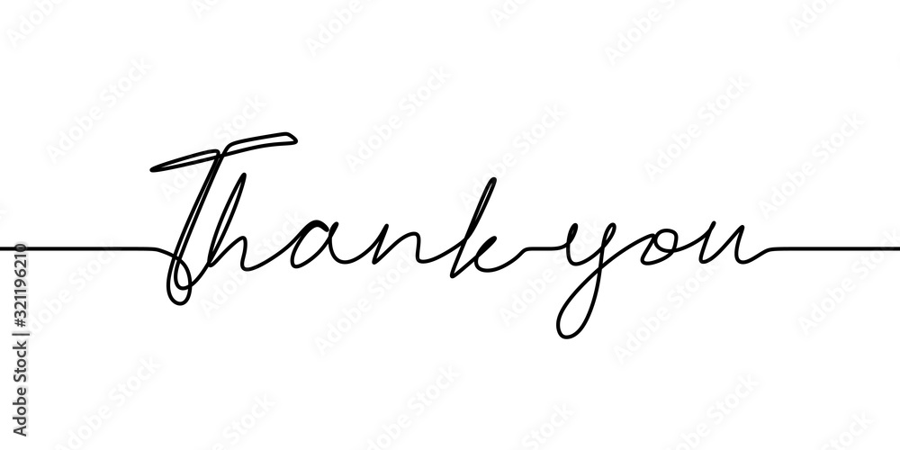 Poster continuous one line drawing of thank you text. vector minimalist script lettering with minimalism co