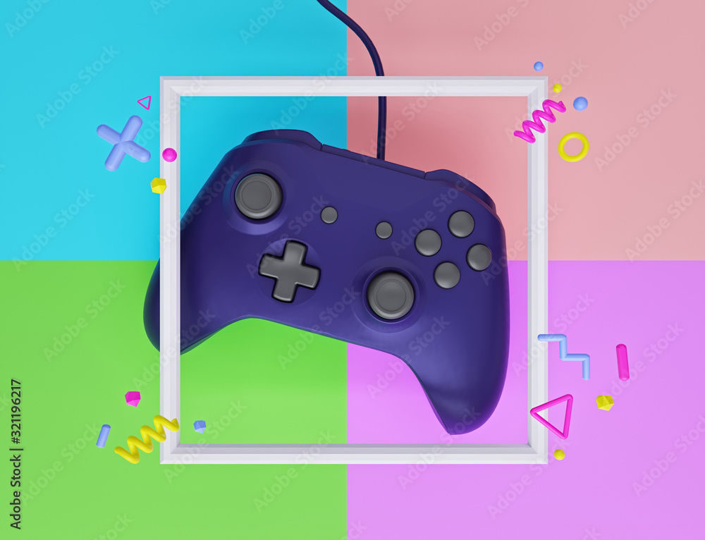Poster modern computer gaming controller or gamepad isolated on abstract colorful background. minimal gamin