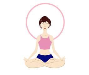 White young woman, sitting in the lotus pose. Healthy lifestyle and yoga concept. Flat cartoon vector illustration for meditation, recreation, Yoga Day. Isolated on white background. 