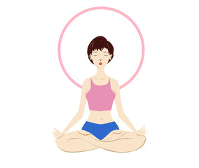 White young woman, sitting in the lotus pose. Healthy lifestyle and yoga concept. Flat cartoon vector illustration for meditation, recreation, Yoga Day. Isolated on white background. 