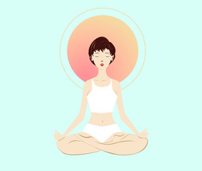White young woman, sitting in the lotus pose. Healthy lifestyle and yoga concept. Flat cartoon vector illustration for meditation, recreation, Yoga Day. Isolated on light blue background. 