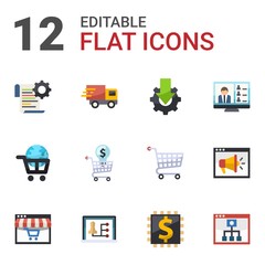 12 e-learning flat icons set isolated on white background. Icons set with Self-learning, Webinar, Online tutorial, eLearning, Online Training, Distance Learning, Distance teacher icons.