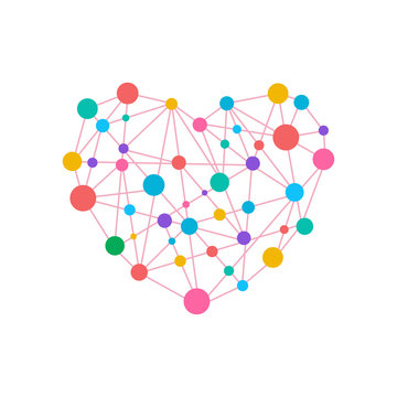 Cute color dots with connection line on white background,vector illustraion.Graphic heart shape design.