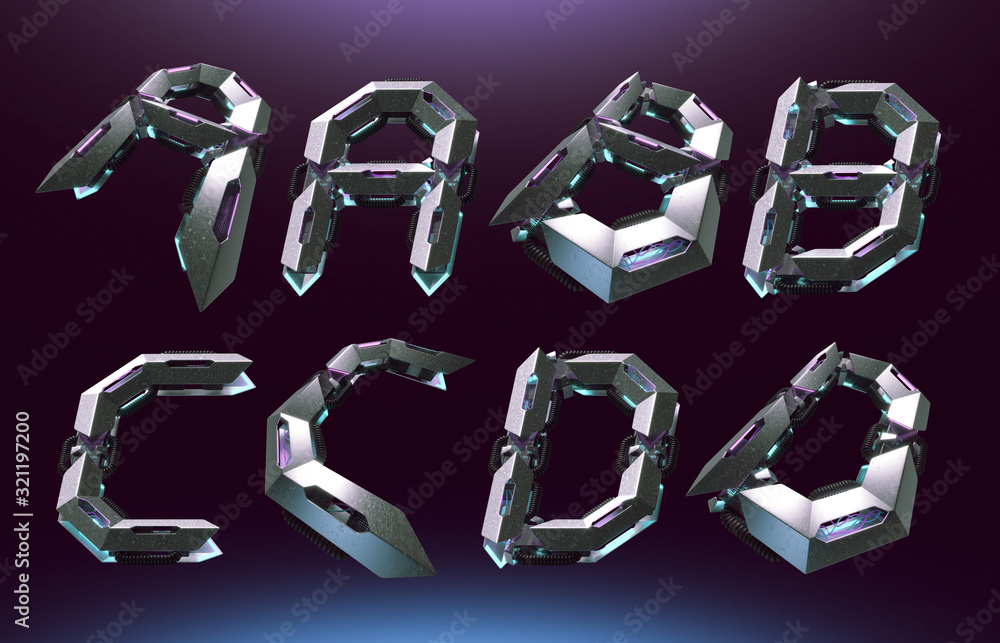 Fototapete 3d rendering font set in futuristic cyber style