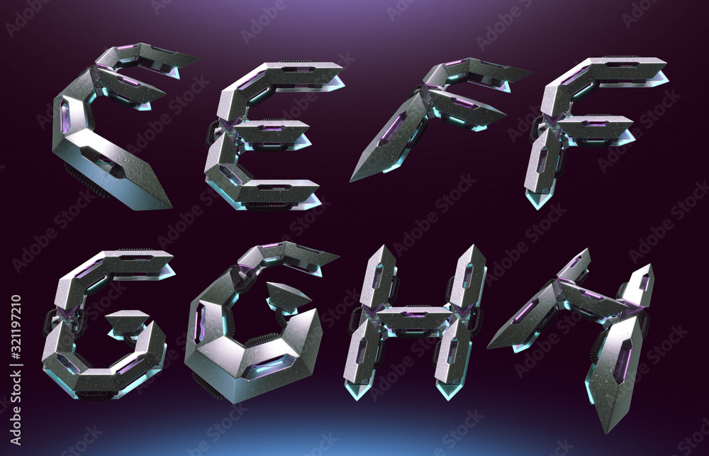 Poster 3d rendering font set in futuristic cyber style