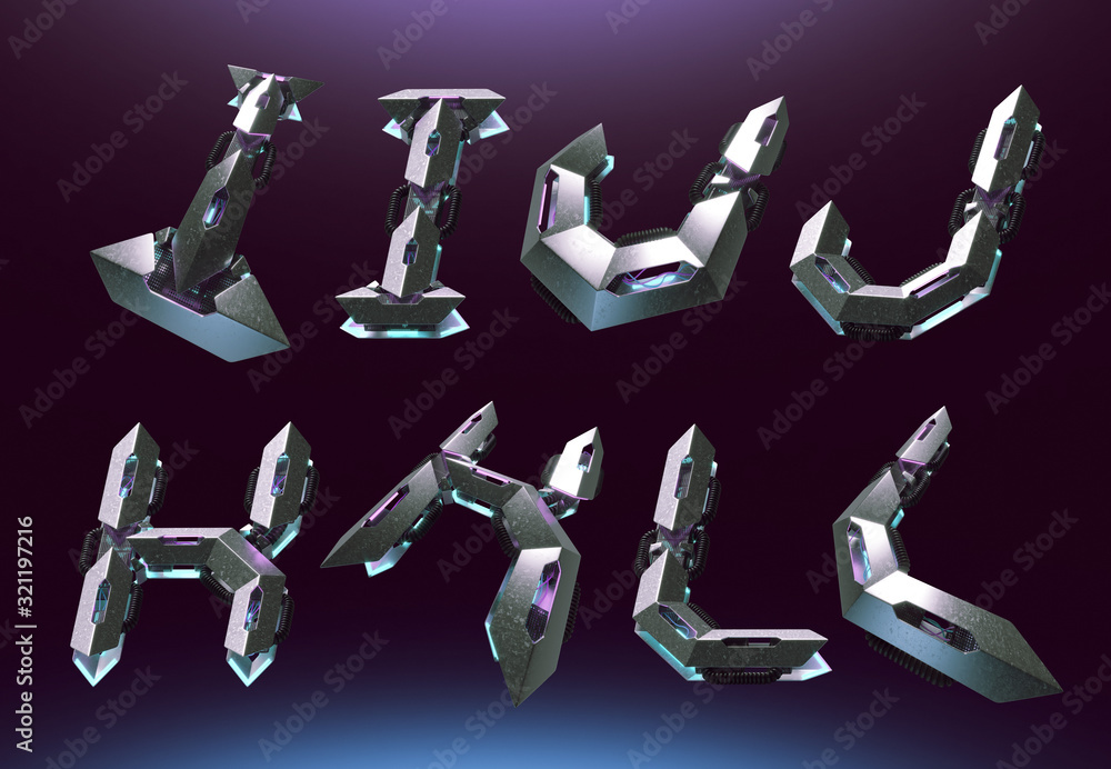 Poster 3d rendering font set in futuristic cyber style