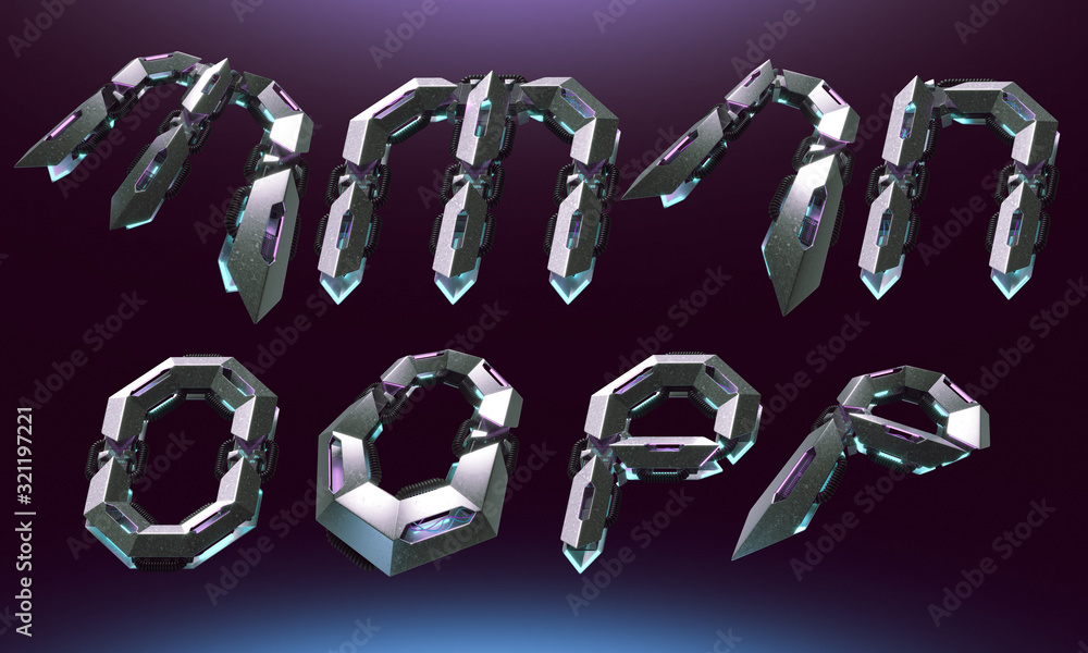 Poster 3d rendering font set in futuristic cyber style