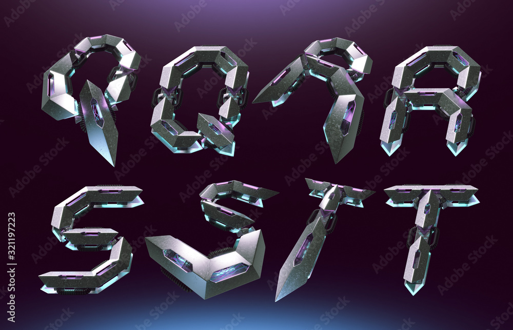 Poster 3d rendering font set in futuristic cyber style