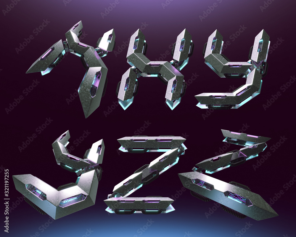 Poster 3d rendering font set in futuristic cyber style