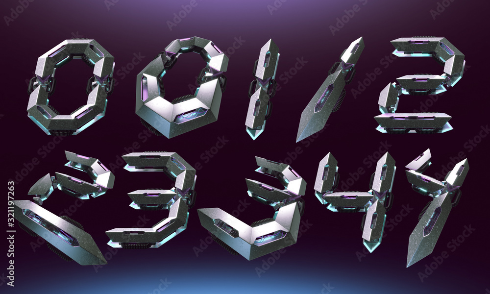 Poster 3d rendering font set in futuristic cyber style