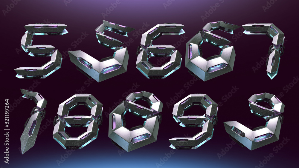 Poster 3d rendering font set in futuristic cyber style