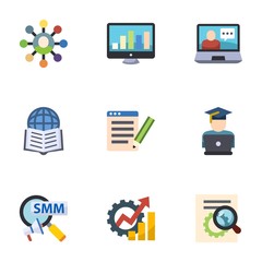 9 seo flat icons set isolated on white background. Icons set with Affiliate marketing, SEO monitoring, eCommerce solutions, Affiliate Marketing, SEO copywriting, eCommerce website icons.