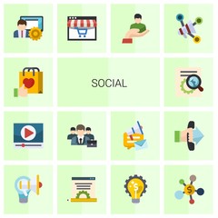 14 social flat icons set isolated on white background. Icons set with Brand engagement, Video marketing, business people, SEO optimization, social media management, Distance Learning icons.