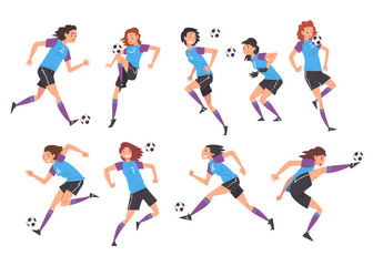 Fototapeta na wymiar Girls Playing Soccer Collection, Young Women Football Players Characters in Sports Uniform Kicking the Ball Vector Illustration
