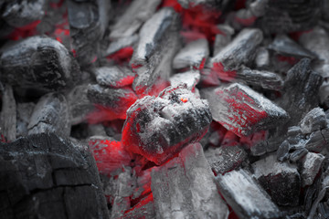 Beautiful burning charcoals in a bonfire with shallow depth of field. Abstract modern trendy natural texture background