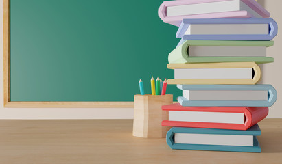 Low poly school supplies on wooden table, back to school concept 3D rendering