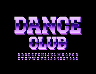 Vector glossy logo Disco Club. Violet 3D Font. Metallic Alphabet Letters and Numbers.