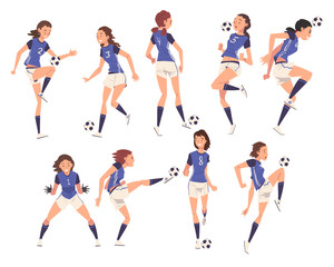 Fototapeta na wymiar Girls Soccer Players Characters Collection, Young Women in Sports Uniform Playing Football, Female Athletes Kicking the Ball Vector Illustration