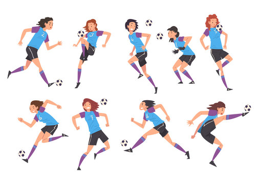 Girls Playing Soccer Collection, Young Women Football Players Characters in Sports Uniform Kicking the Ball Vector Illustration