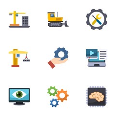 9 engineering flat icons set isolated on white background. Icons set with Construction, bulldozer, Repair service, tower crane, Services, Systems Integration, Computer Vision icons.