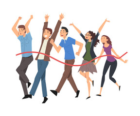 Obraz premium Successful Business People Crossing the Finish Line, Professional Competition or Team Building Concept Vector Illustration