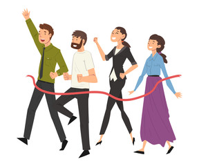 Obraz premium Business People Crossing the Finish Line, Professional Competition or Team Building Concept Vector Illustration