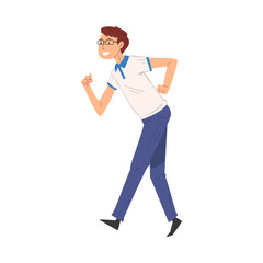 Smiling Successful Young Man in Casual Clothes Running to Finish Line Vector Illustration