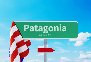 Patagonia – Arizona. Road or Town Sign. Flag of the united states. Blue Sky. Red arrow shows the direction in the city. 3d rendering