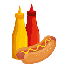 delicious hot dog with bottles sauces fast food icon vector illustration design