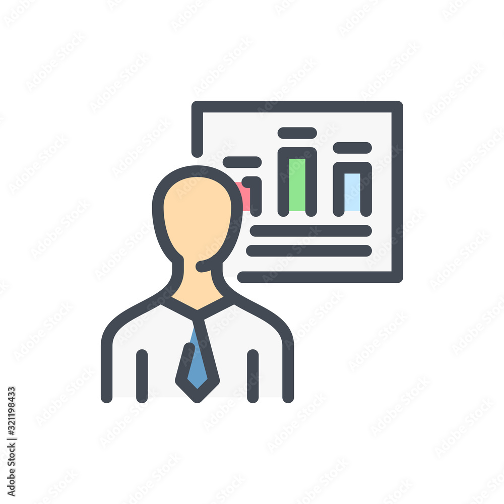 Poster personal report and analytics color line icon. business person with statistics vector outline colorf