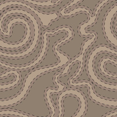 Vector seamless texture in beige color from smooth streamlined shapes stitched with black dotted lines. Abstract background for decoration of fabrics or wrapping paper.