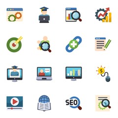 16 seo flat icons set isolated on white background. Icons set with Website optimization, eCommerce website, Web analytics, Target keywords, Audience targeting, link building icons.