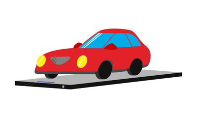 Vector illustration Cartoon car stands on a mobile phone. It can be used for applications, banners, website design. Concept of car search, taxi call, car exchange, online auto sale.