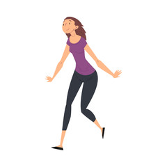Fototapeta na wymiar Happy Smiling Young Woman in Casual Clothes Running to Finish Line Vector Illustration